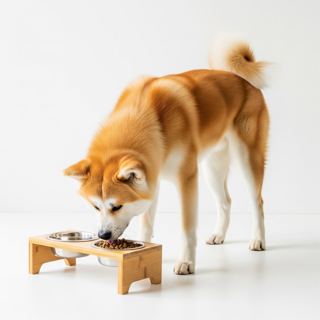Akita Inu dog eating food with Club Hachiko fish oil supplement
