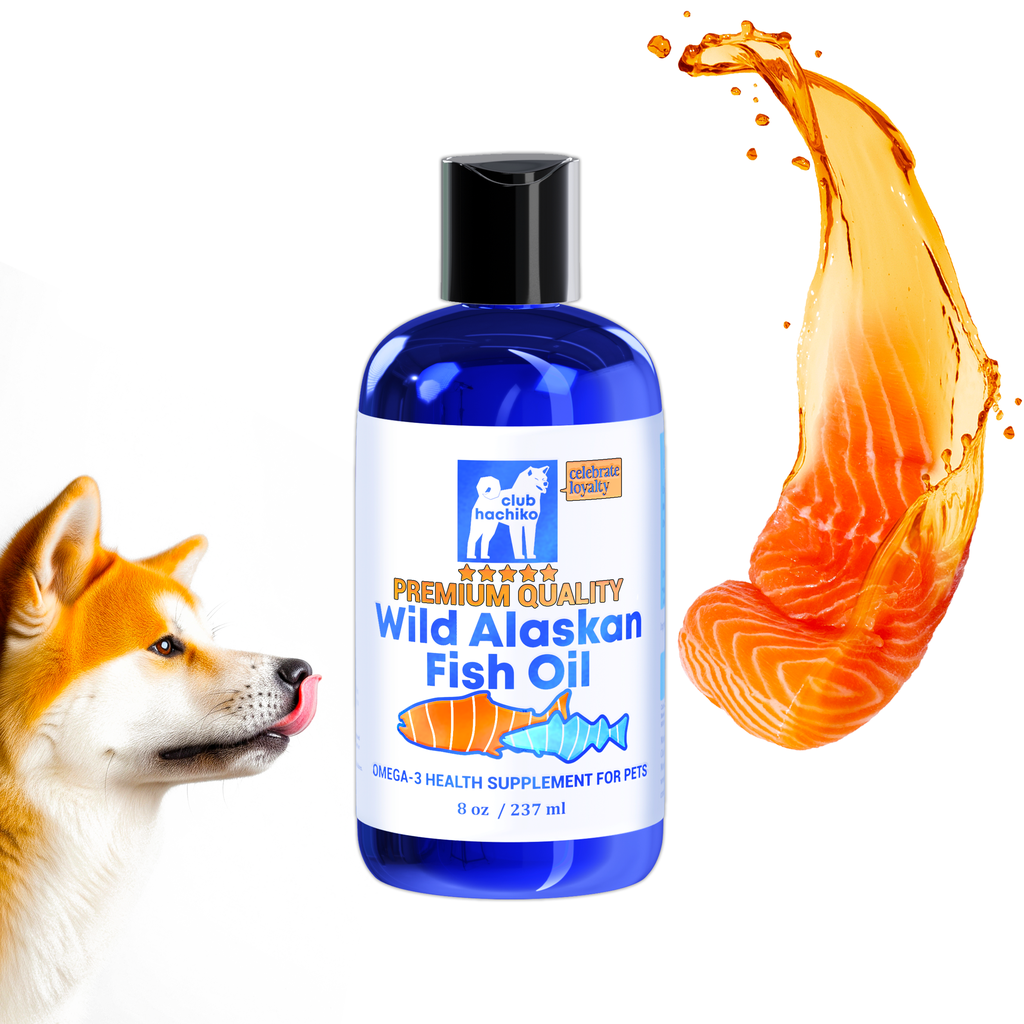 Club Hachiko Premium Wild Alaskan Fish Oil bottle with Akita dog
