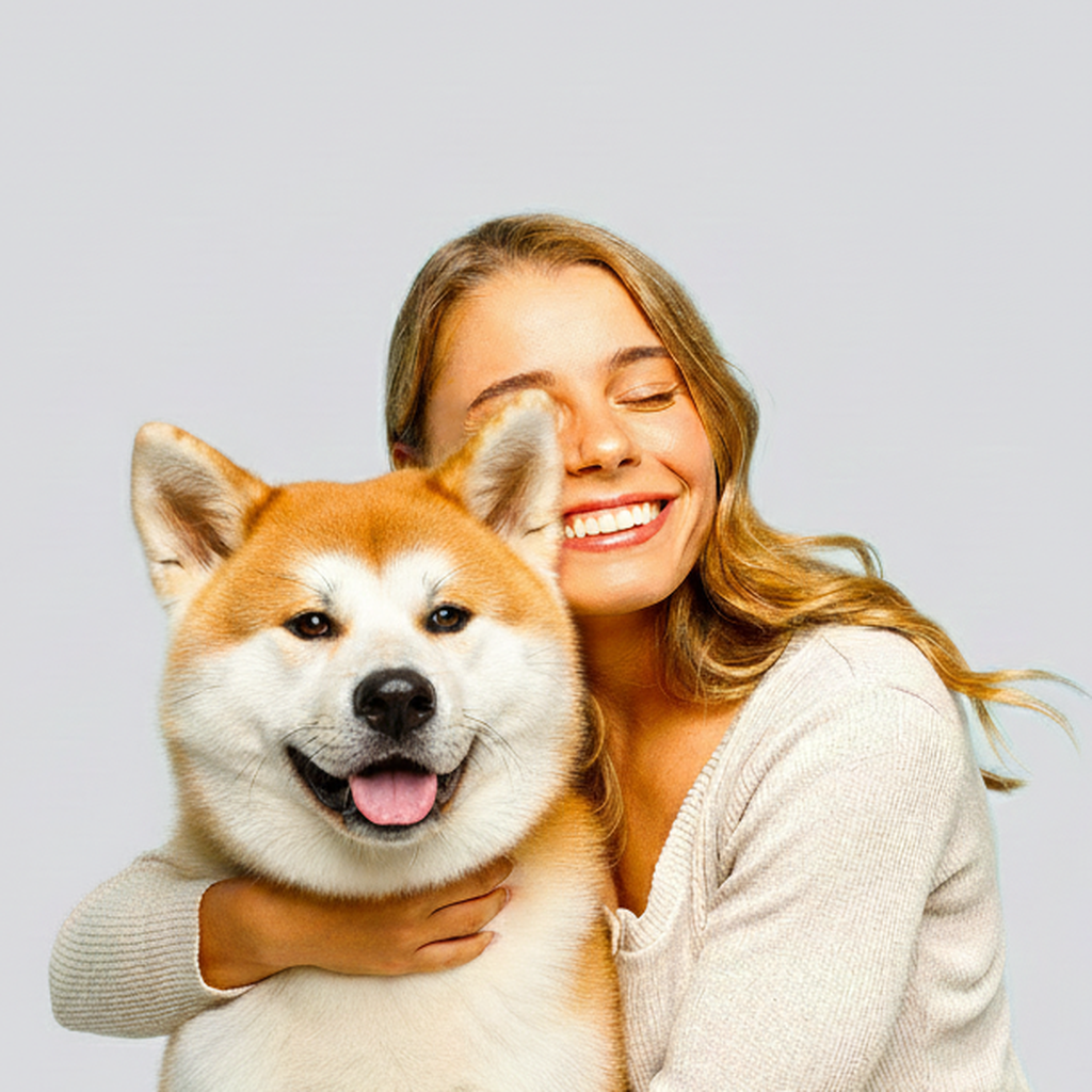Happy dog parent hugging Akita Inu showing bond between pet and owner