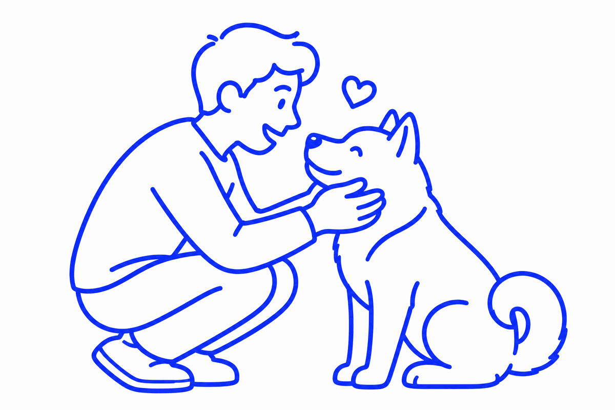 Illustration of an owner greeting his dog nose to nose