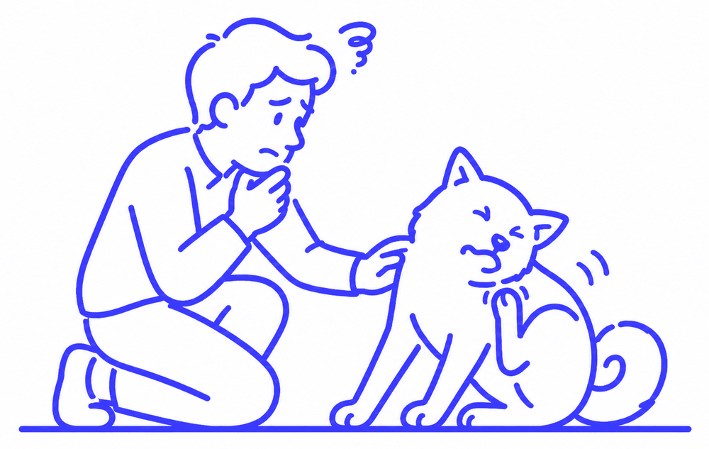 Illustration of a worried owner kneeling beside his itchy dog